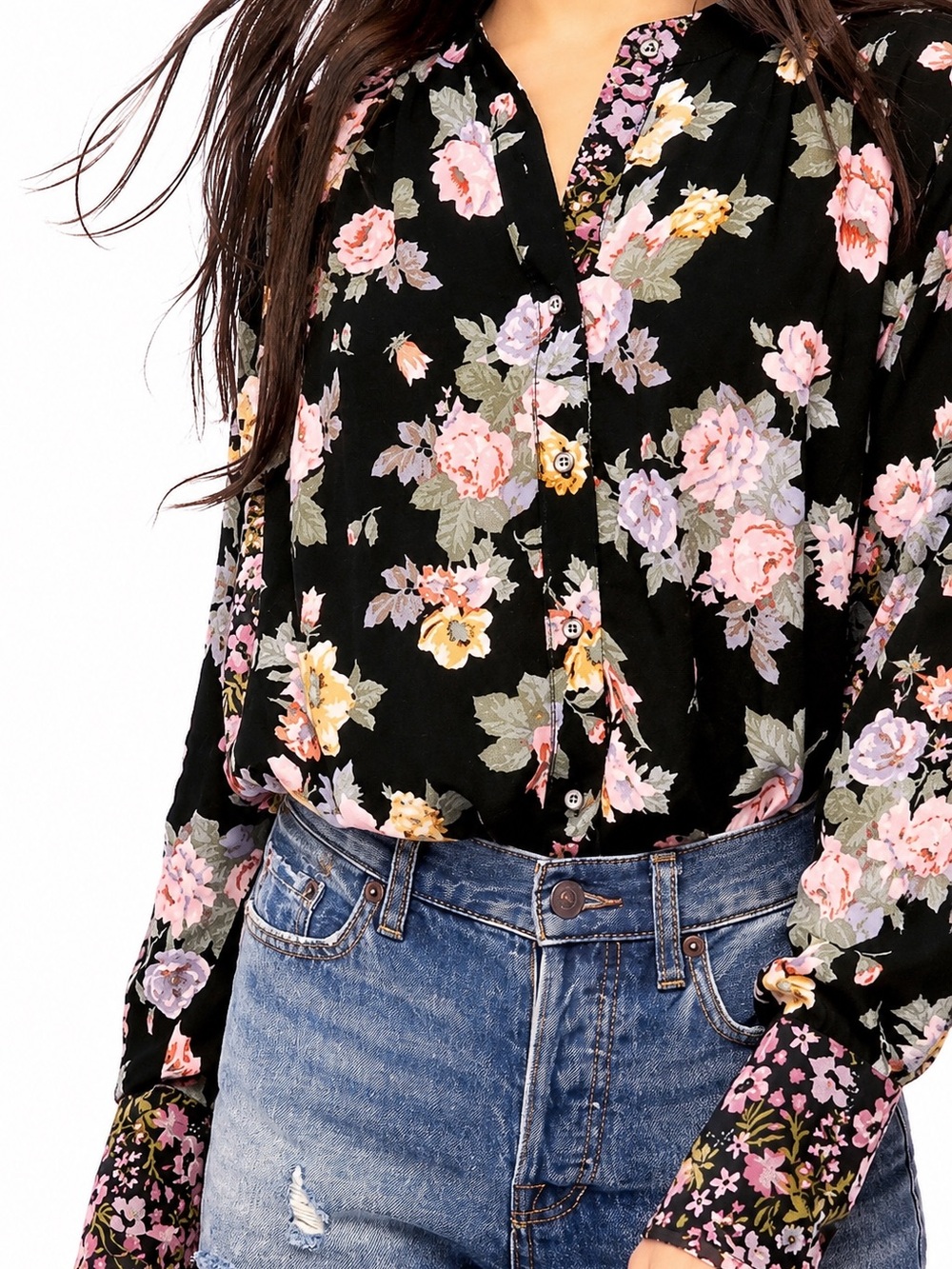 Free People Hold On To Me Floral Button Front Boho Blouse Black Pink M NWOT
